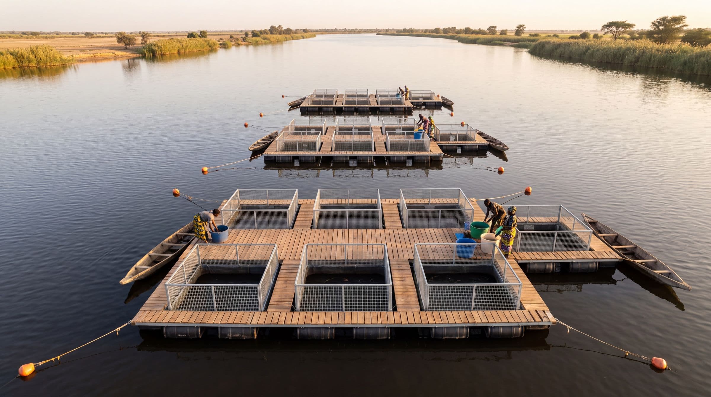 Aliment flottant lancé dans une cage de poissons-chats