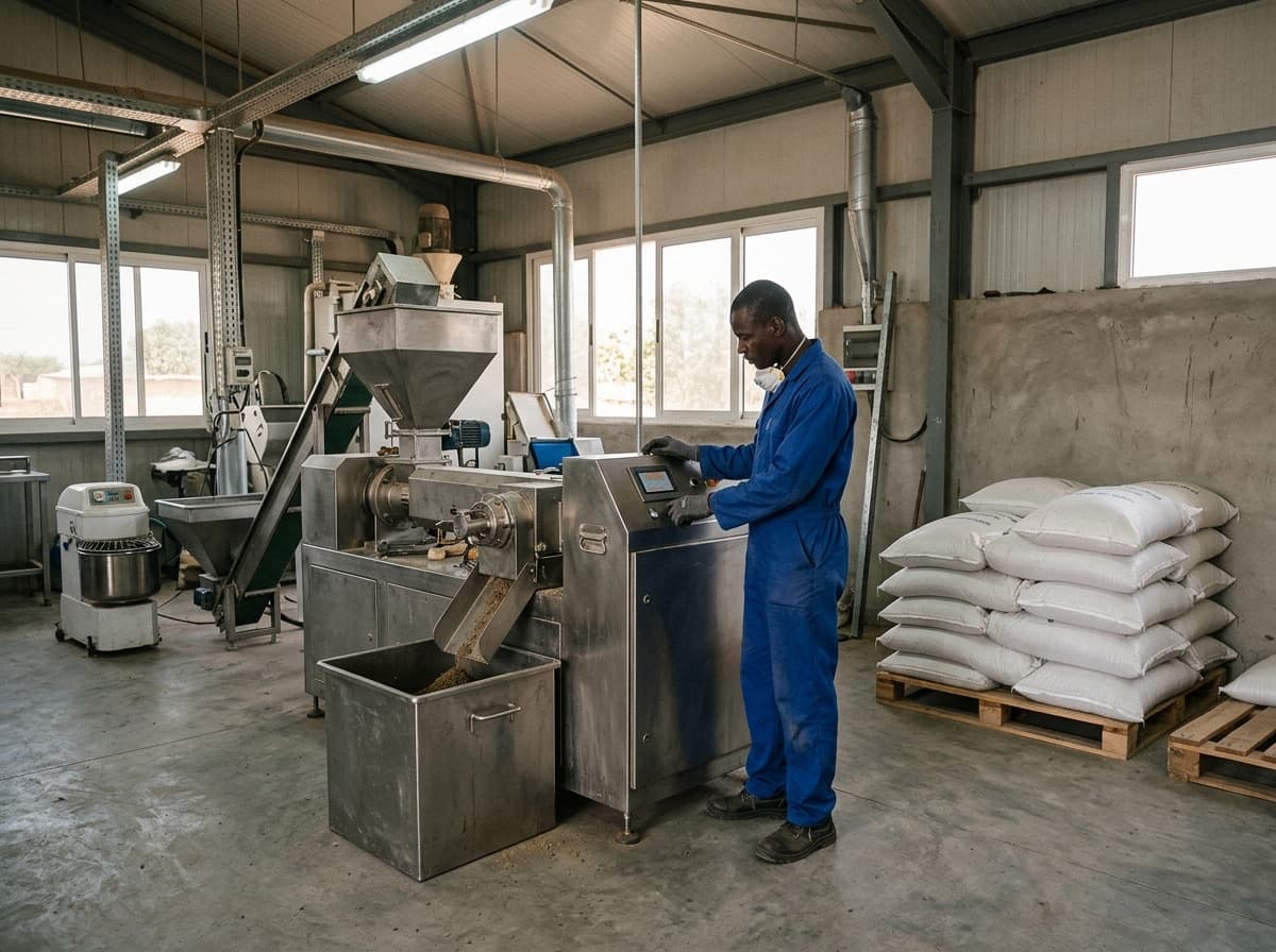 Usine d'aliment pour poissons et sacs d'aliment sur palettes