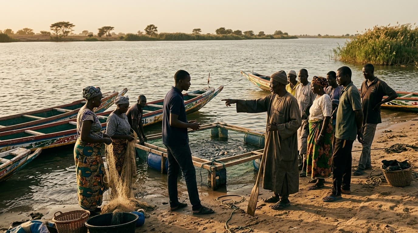 Familles de pêcheurs et formateur réunis au bord du fleuve