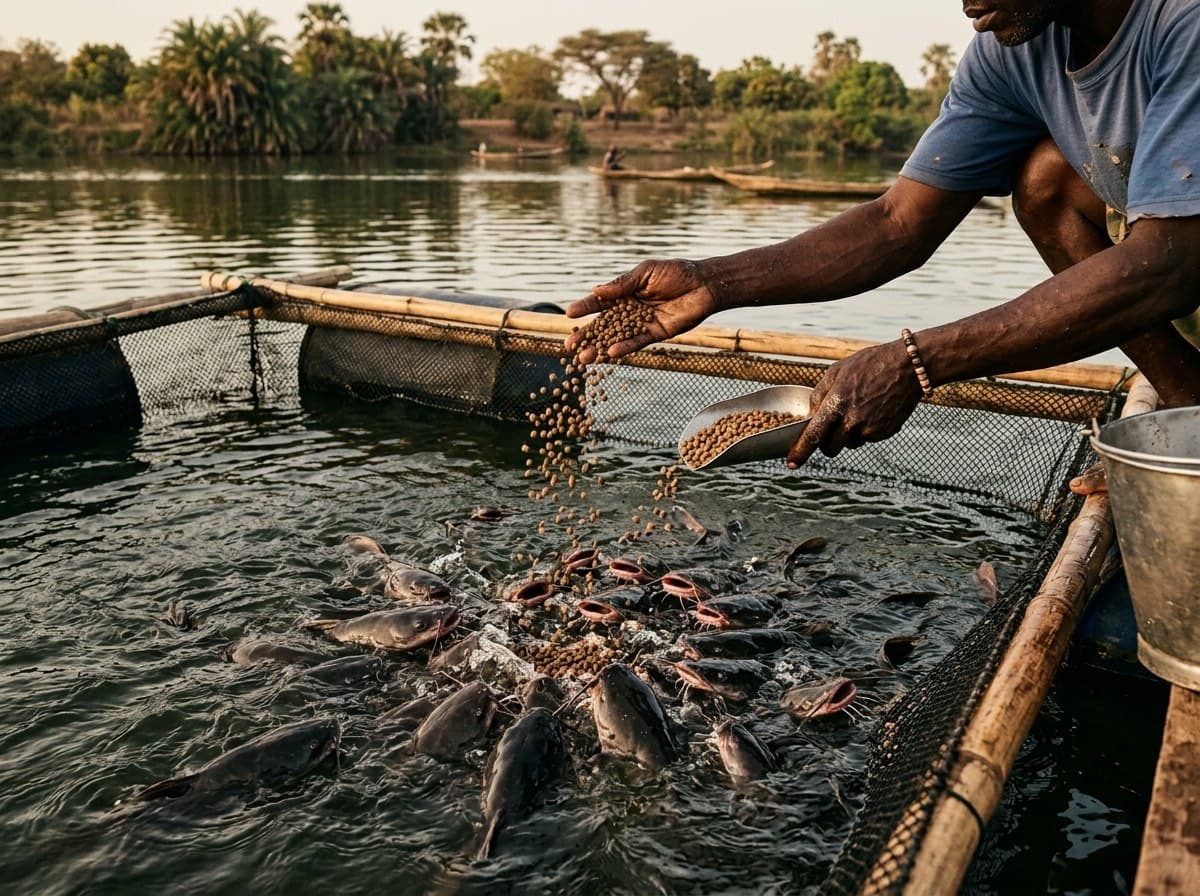 Familles de pêcheurs sur leurs radeaux de cages flottantes au coucher du soleil