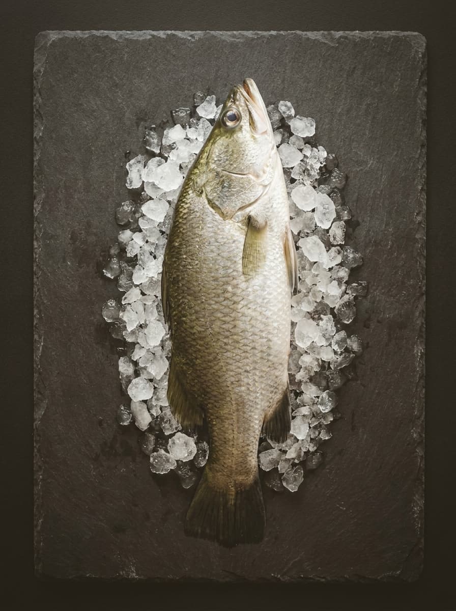 Barramundi entier sur glace pilée, posé sur une ardoise