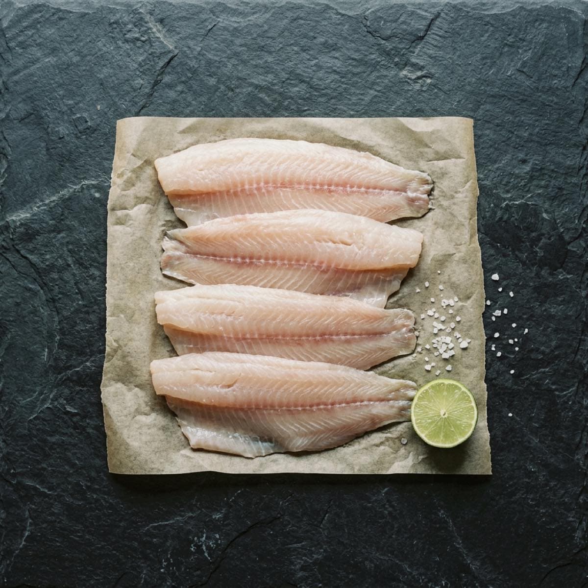 Filets de poisson-chat africain sur papier, avec un citron vert