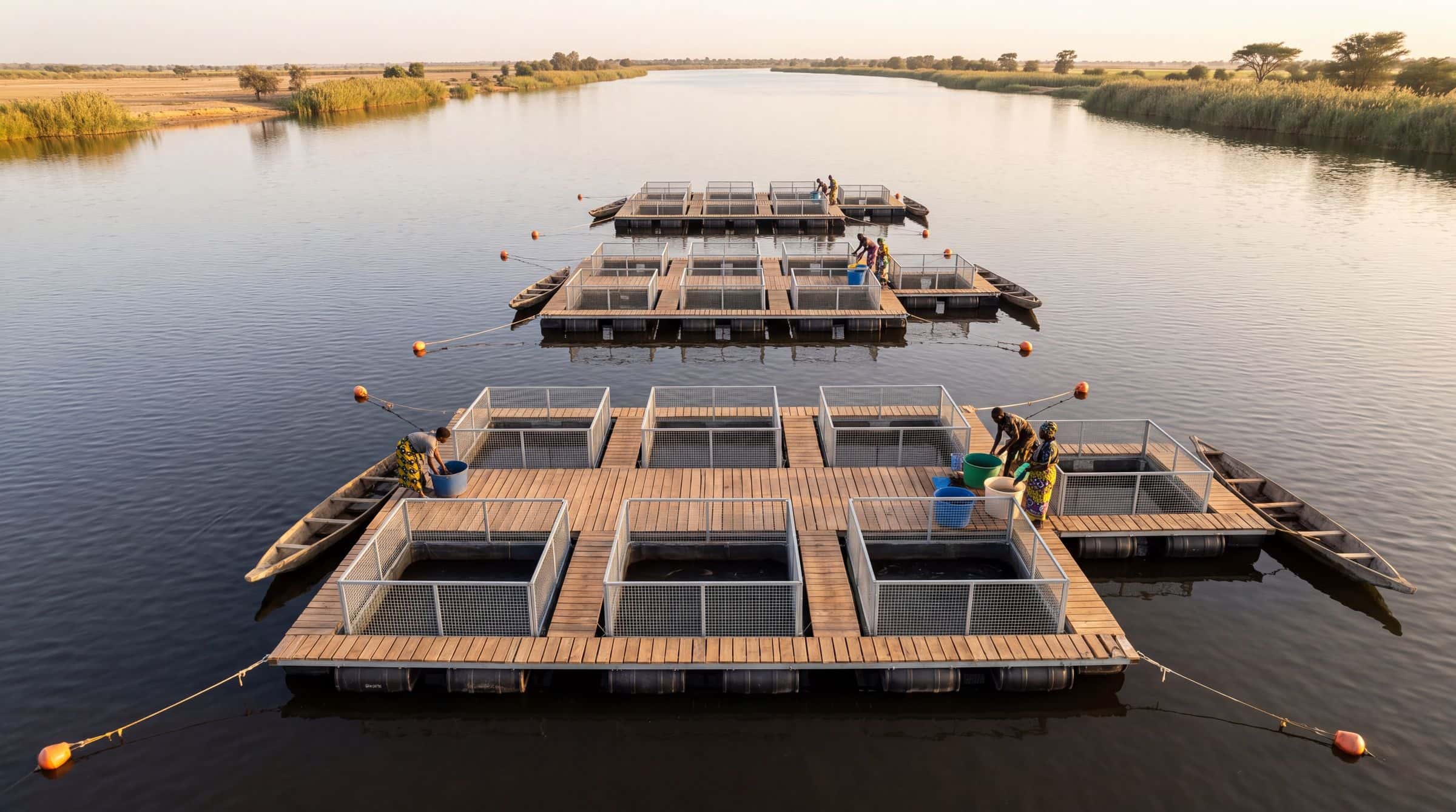 Cages flottantes sur le fleuve Sénégal à l'aube